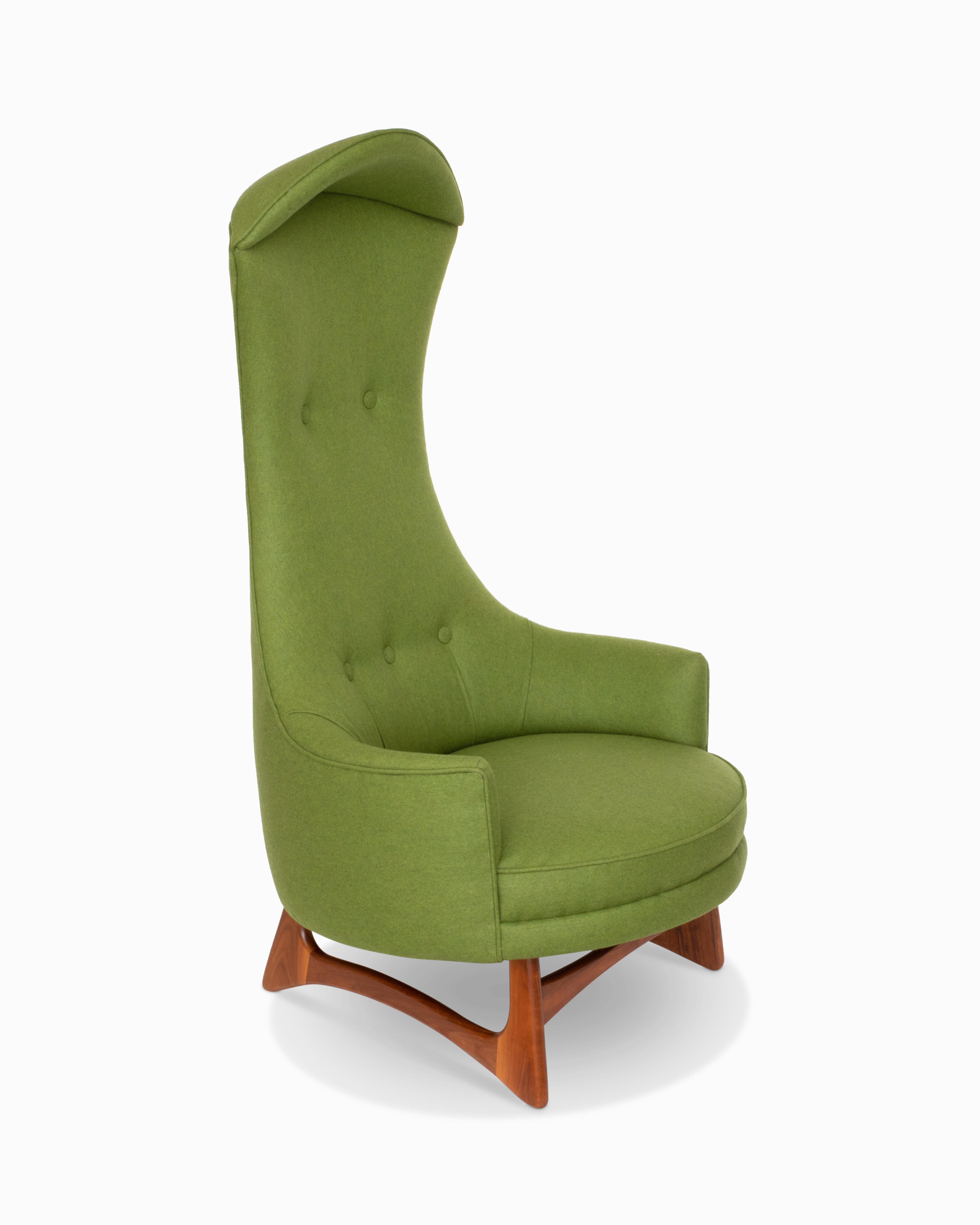 Here is a fantastic high back lounge chair by Adrian Pearsall, c 1960s.  This rare design features a wide, round seating surface covered by a unique canopy top.  The chair has undergone a full restoration with all new green wool upholstery. 