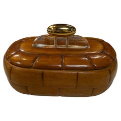 Vintage Mid-Century Carved Wood Trinket Box with Lucite & Brass Handle