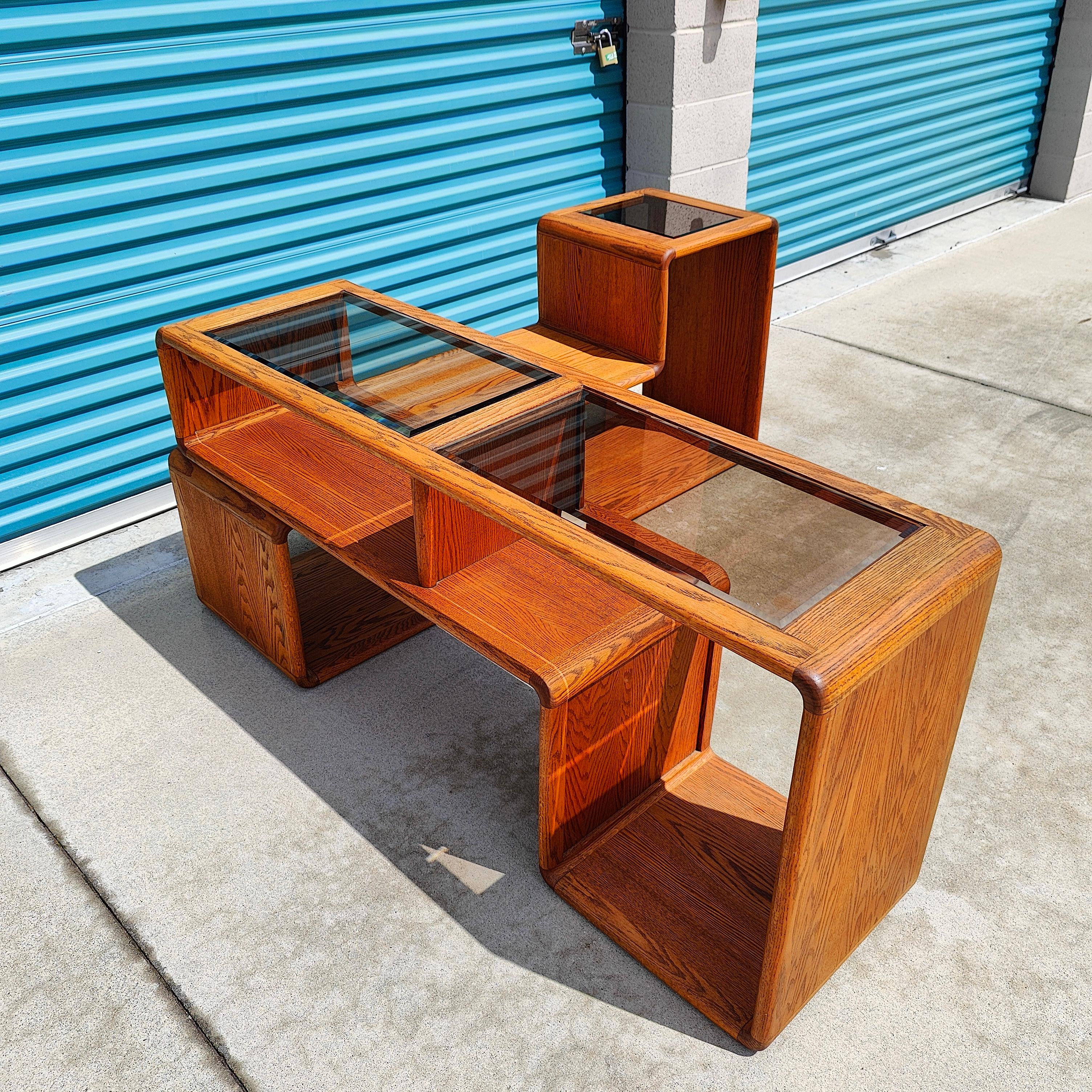 Vintage Midcentury Cerused Oak Modular Media Console and Side Tables In Good Condition In Chino Hills, CA