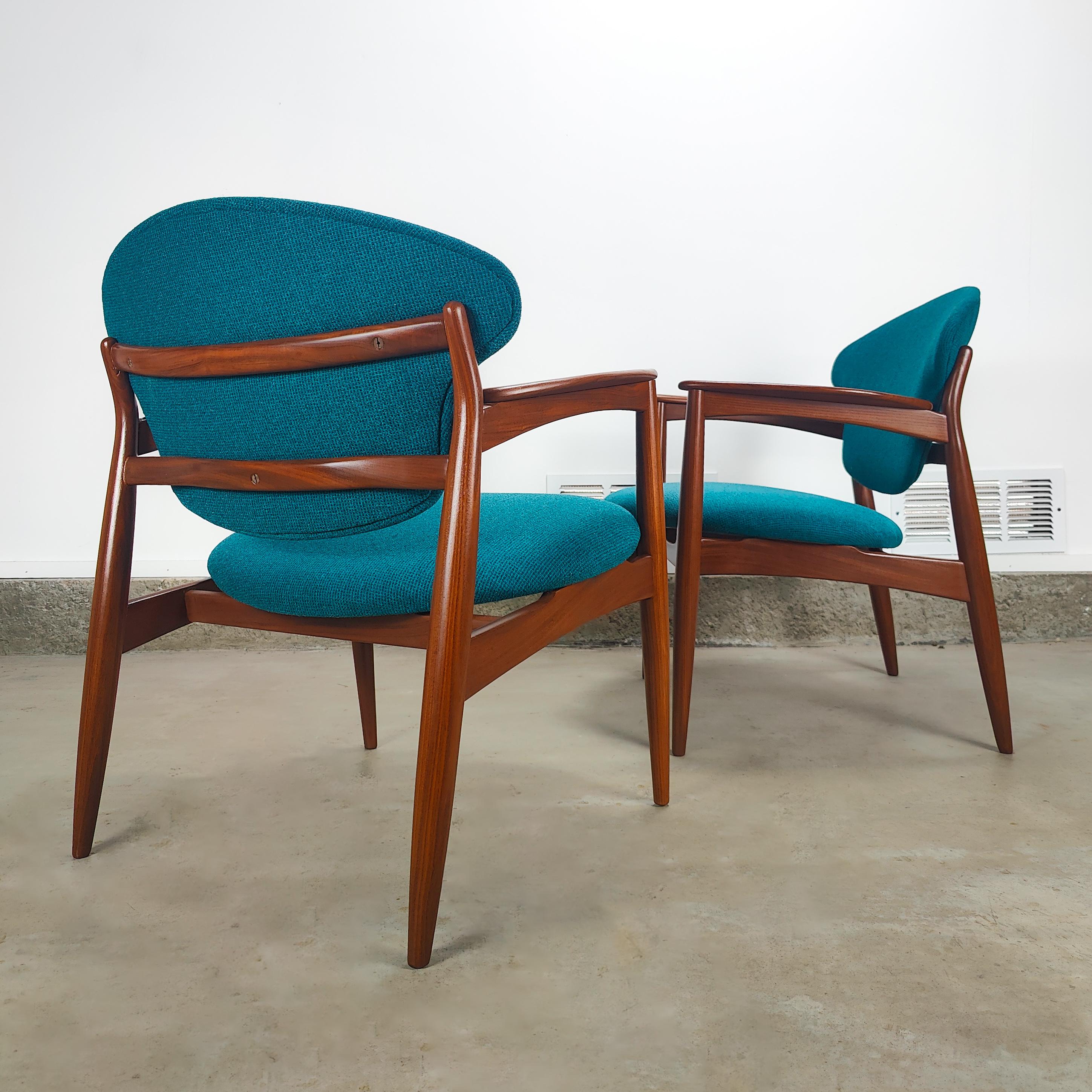 Just in, a stunning matching pair of accent/armchairs by L.K. Hjelle. They both feature curvaceous arms with simple clean lines throughout. Solid teak build very sturdy. 

Condition: Both have received a wood refinish that included sanding &