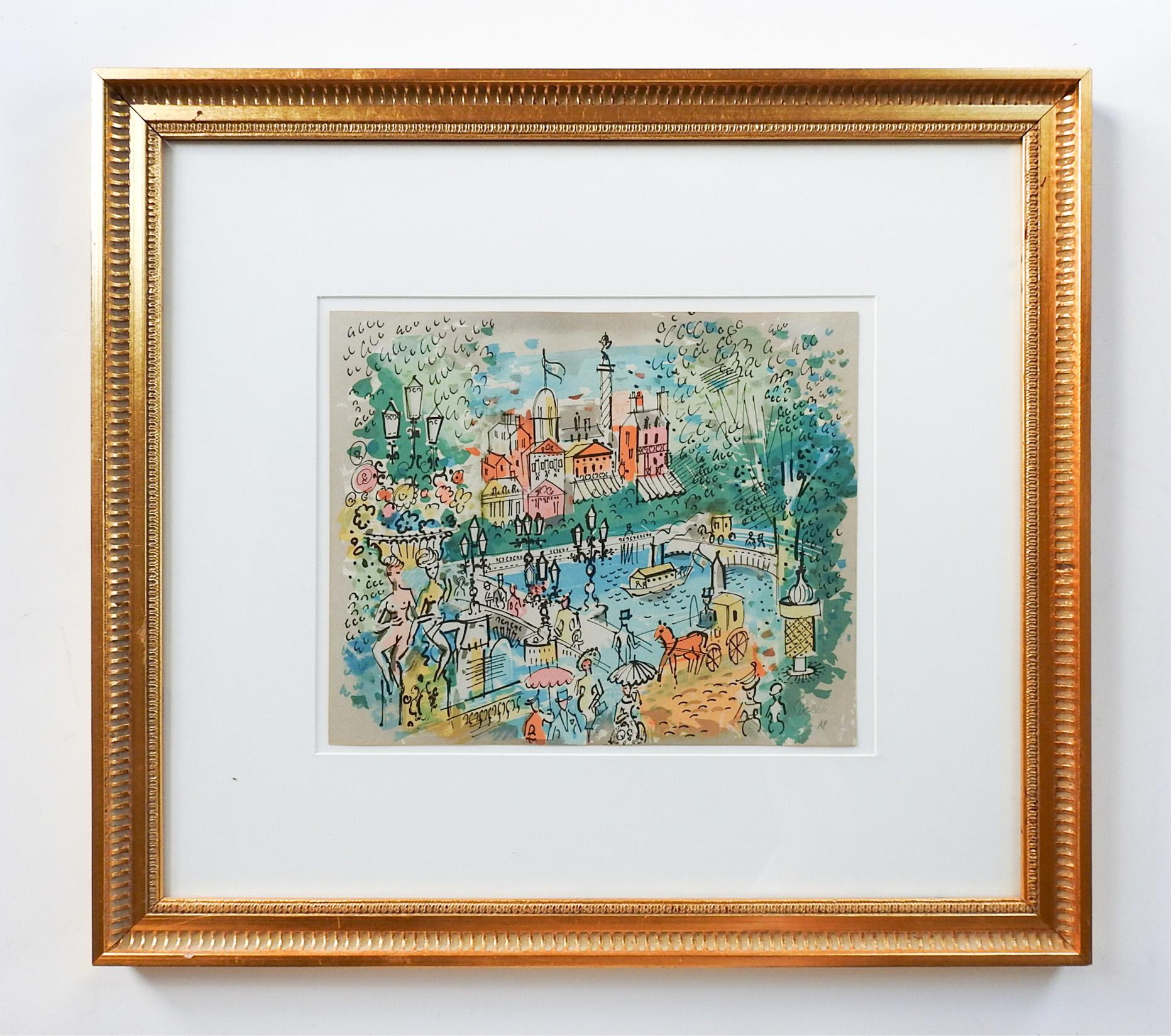 Le Pont by Charles Cobelle (1902-1994) France, lithograph on paper. Signed Artist Proof in pencil lower right corner. Displayed matted under glass in giltwood frame, opening 11