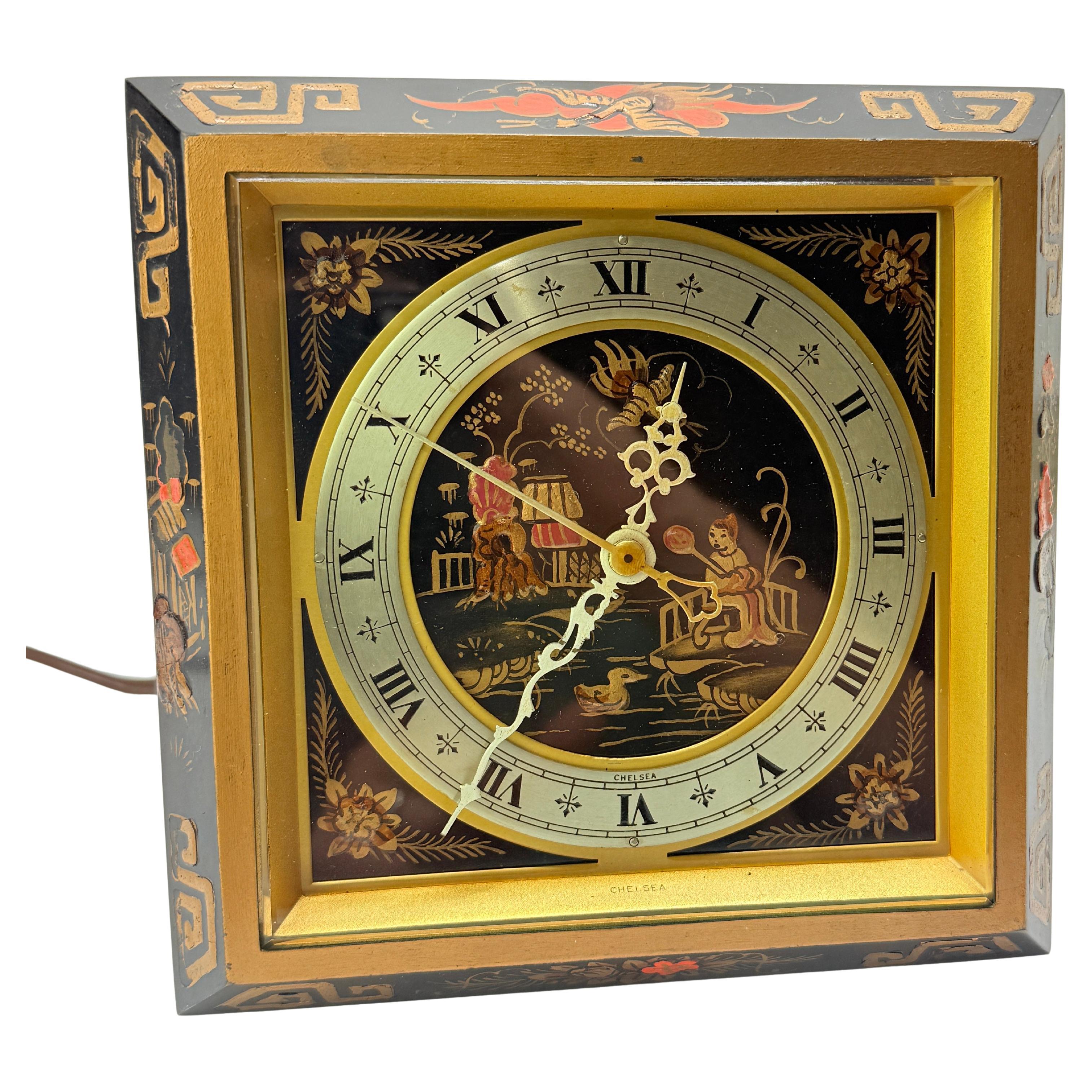 Vintage Mid Century Chelsea Desk Clock Electronometer Chinoiserie Bronze Frame