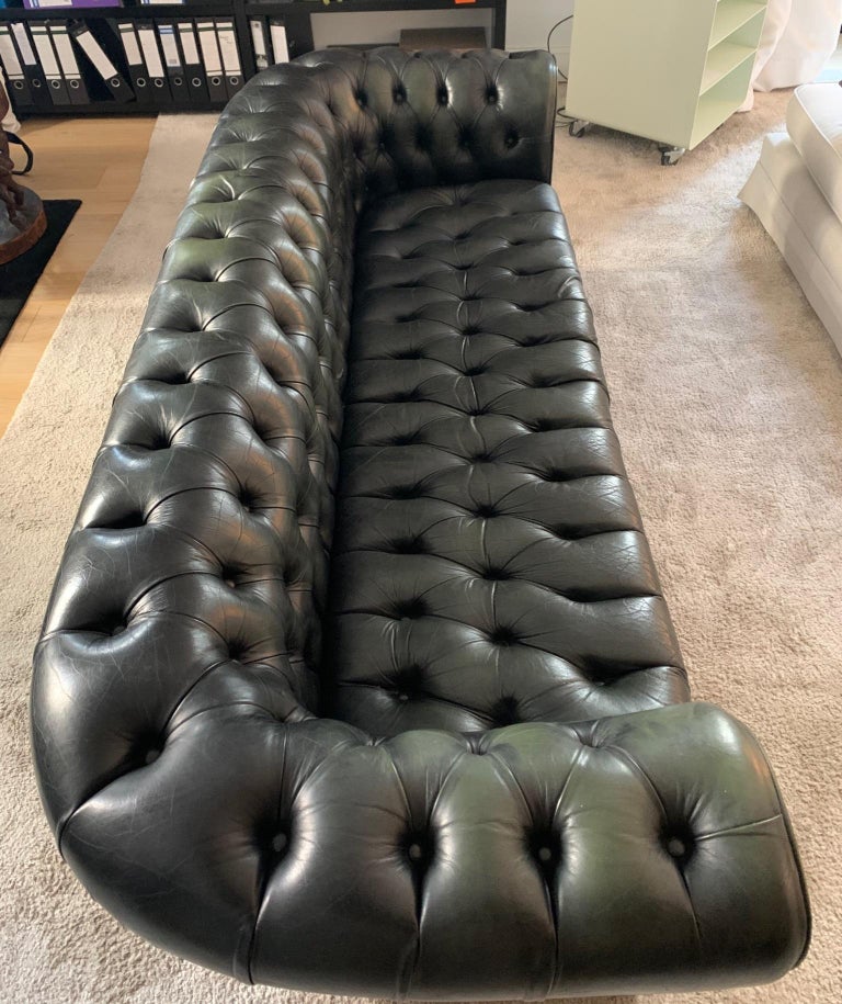 English Vintage Midcentury Chesterfield Leather Sofa Dark Green For Sale