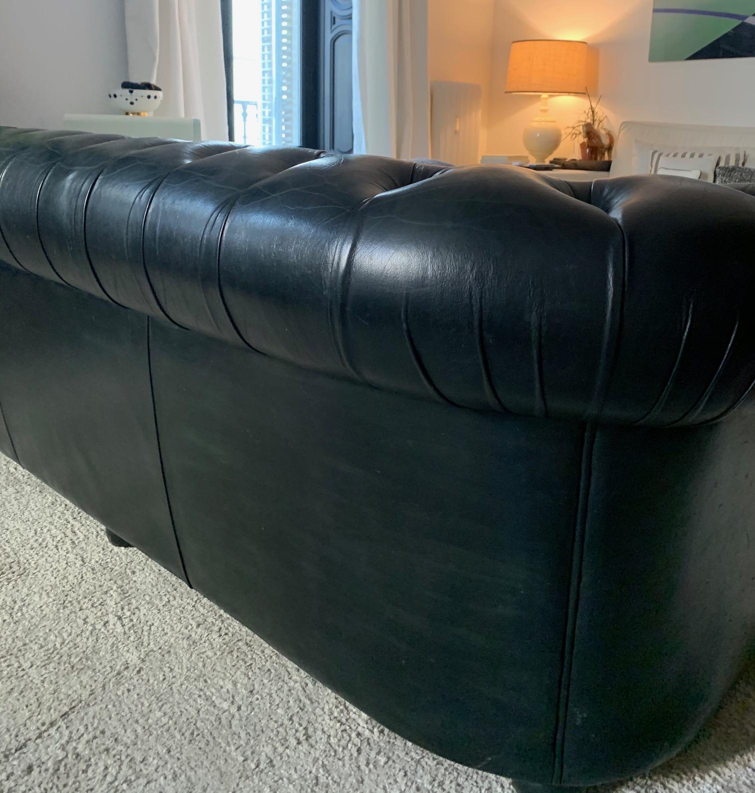 Mid-Century Modern Vintage Midcentury Chesterfield Leather Sofa Dark Green For Sale