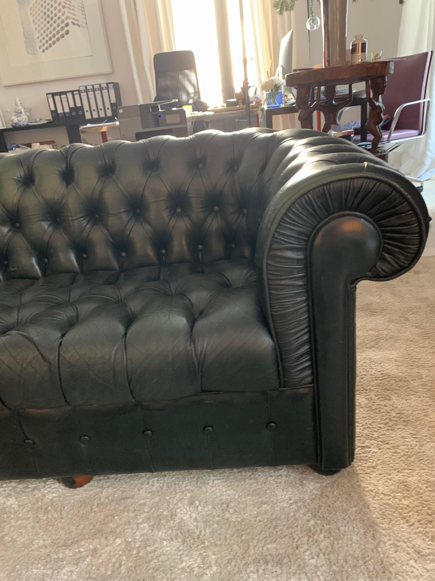 English Vintage Midcentury Chesterfield Leather Sofa Dark Green For Sale