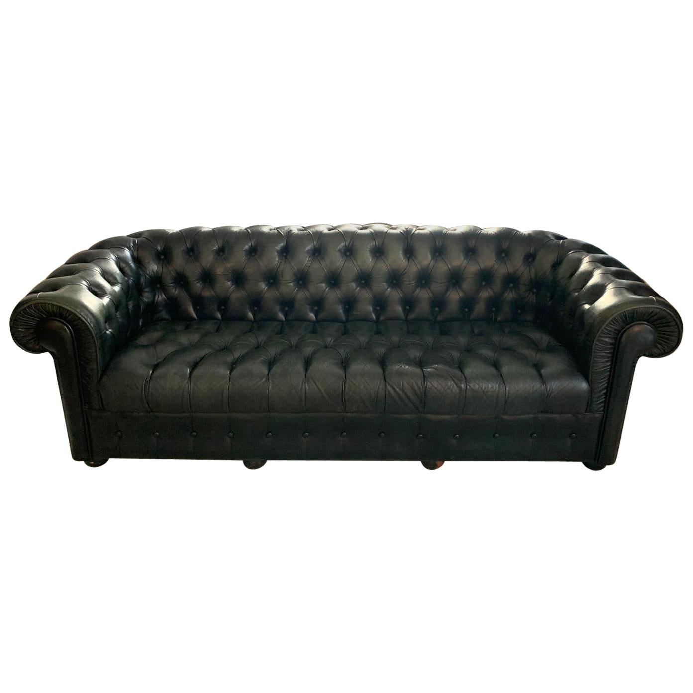 Vintage Midcentury Chesterfield Leather Sofa Dark Green For Sale