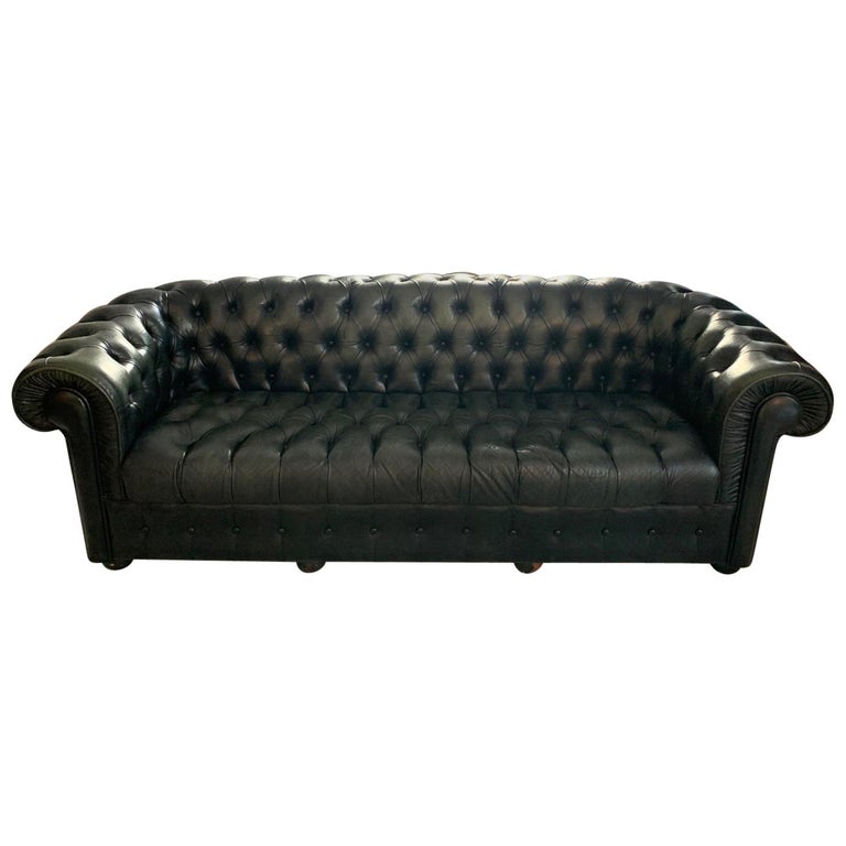 Vintage Midcentury Chesterfield Leather Sofa Dark Green For Sale