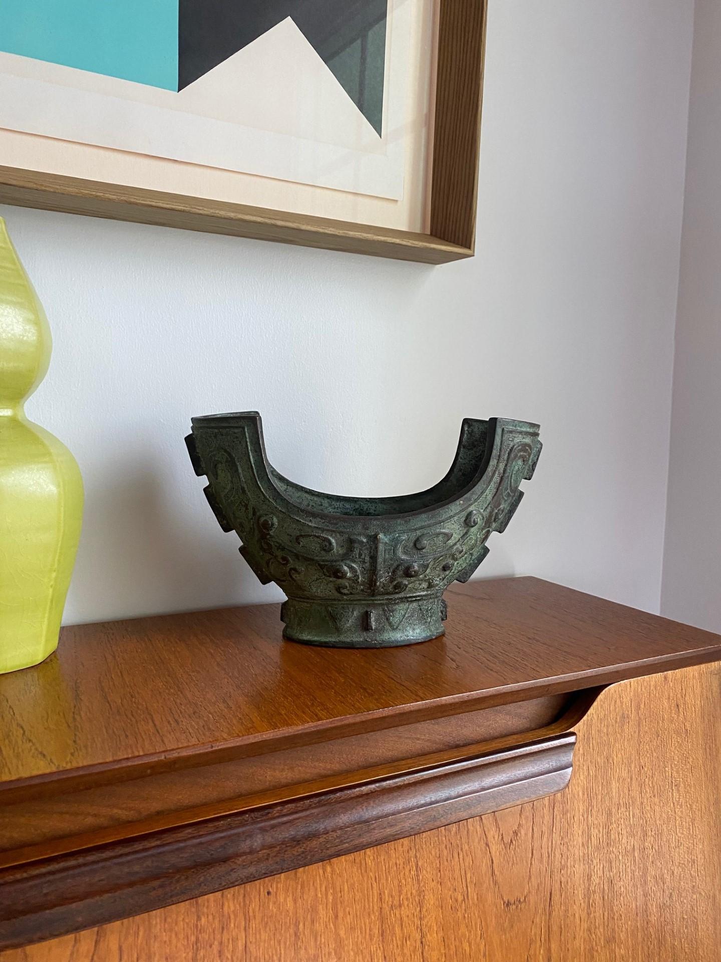 Vintage Midcentury Chinese Bronze Brutalist Style Vase Vessel For Sale 1