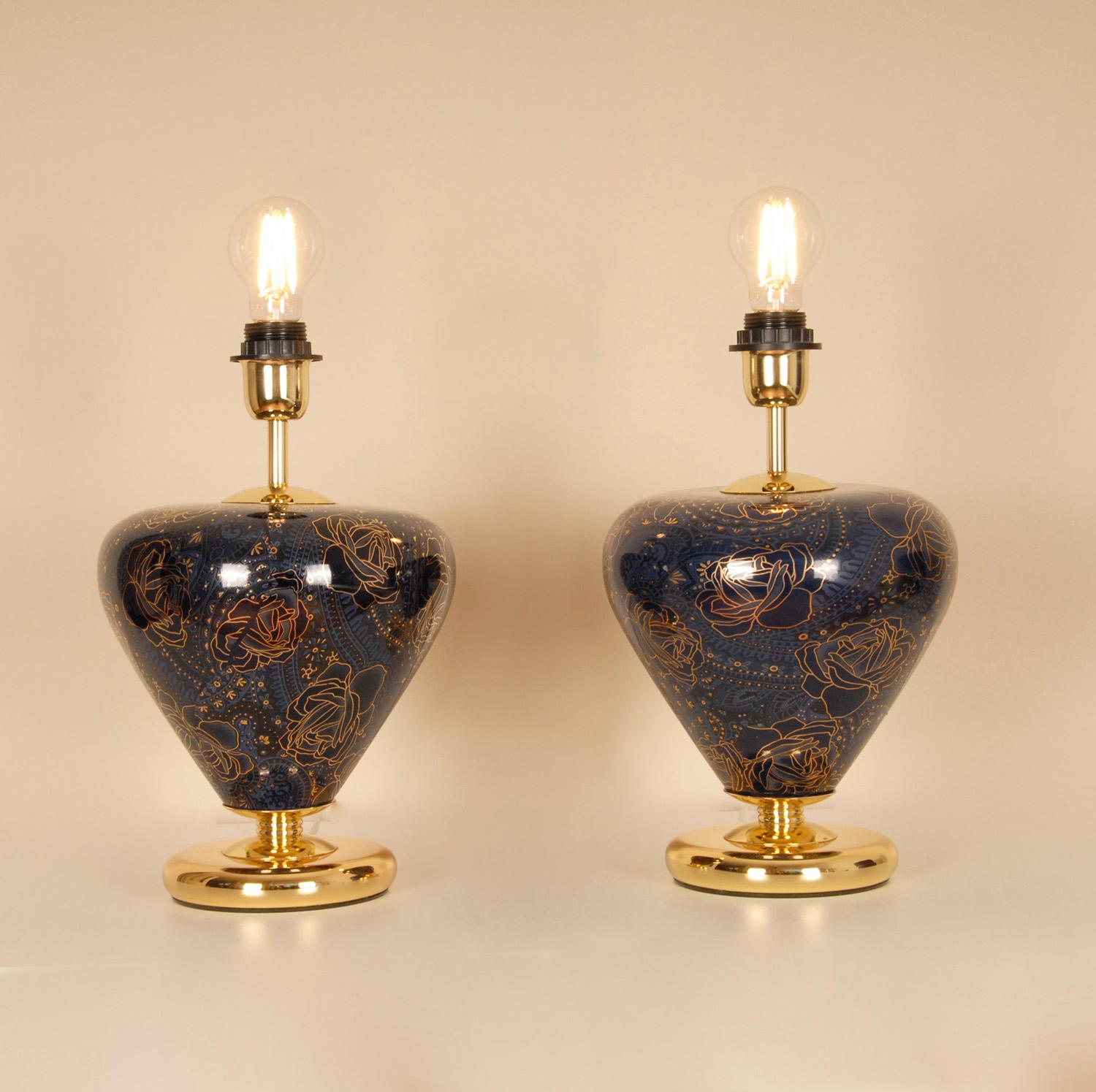 Vintage Mid Century Chinoiserie Cobalt Blue Ceramic Table Lamps Italy 1970s - a  For Sale 1