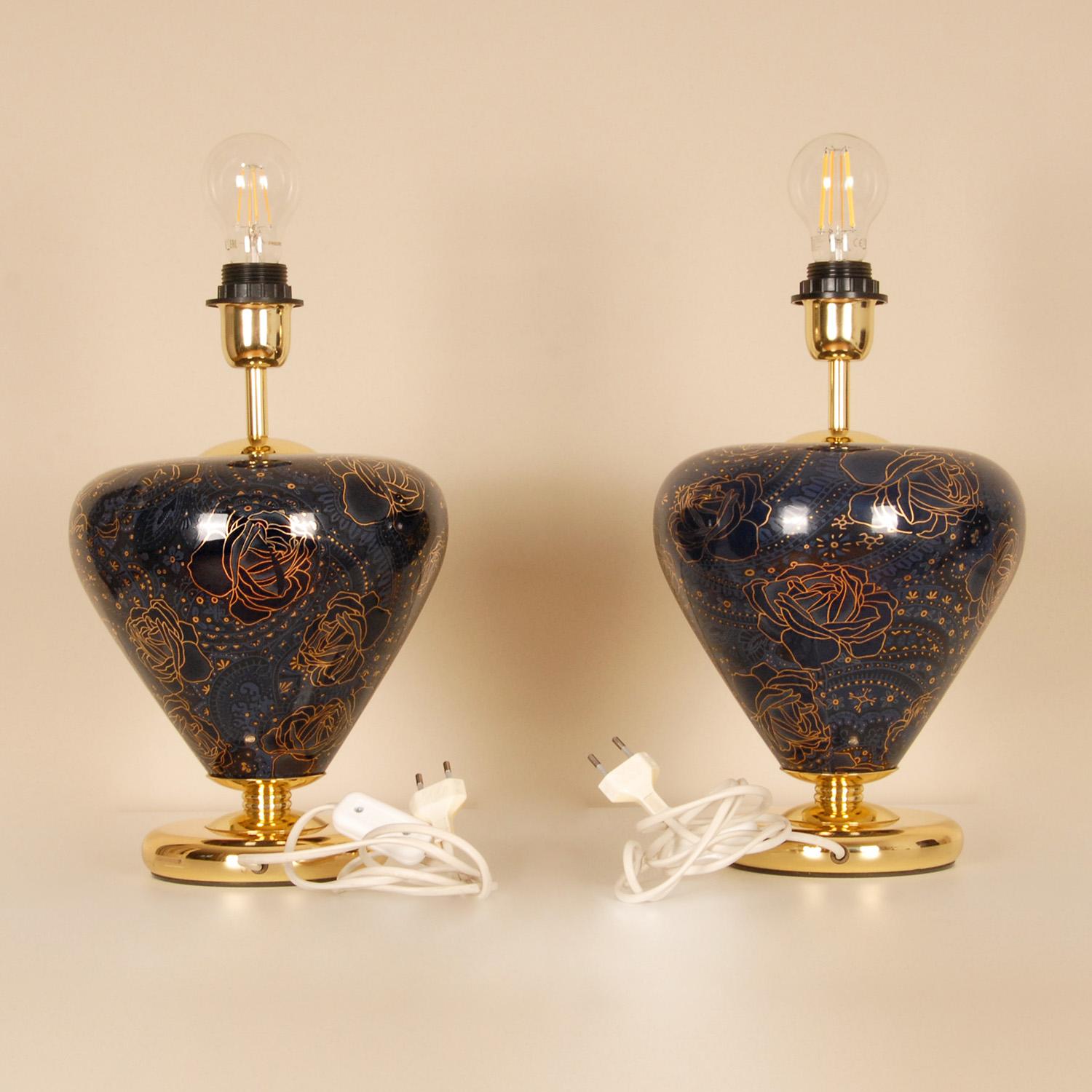 Vintage Mid Century Chinoiserie Cobalt Blue Ceramic Table Lamps Italy 1970s - a  For Sale 3
