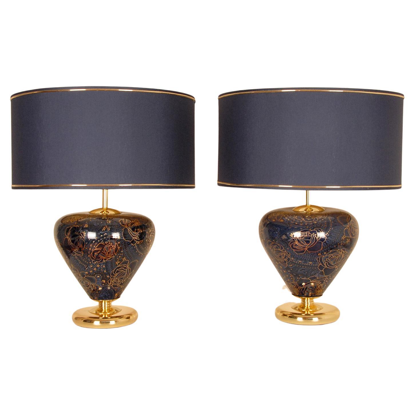 Vintage Mid Century Chinoiserie Cobalt Blue Ceramic Table Lamps Italy 1970s - a 
