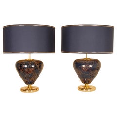 Retro Mid Century Chinoiserie Cobalt Blue Ceramic Table Lamps Italy 1970s - a 