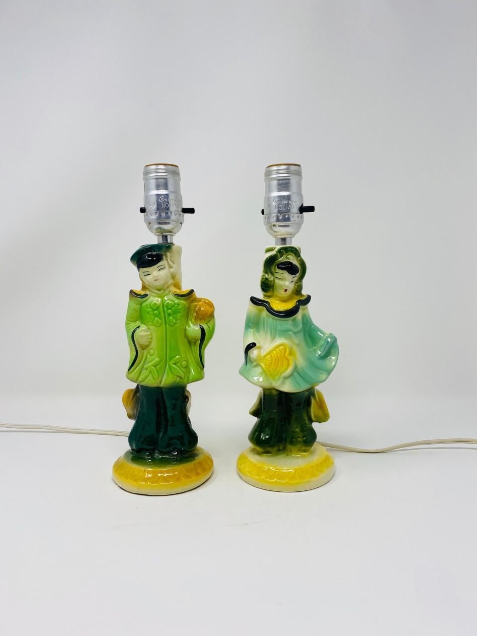 Vintage Mid Century Chinoiserie Figural Girl and Boy Lamps with Capiz Shades 1