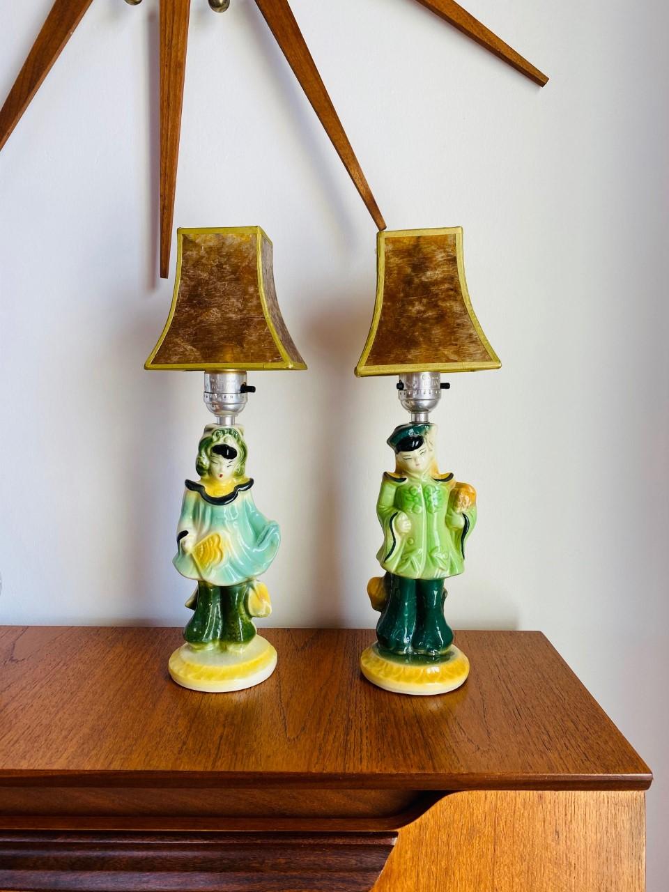  Vintage Mid Century Chinoiserie Figural Girl and Boy Lamps with Capiz Shades 4