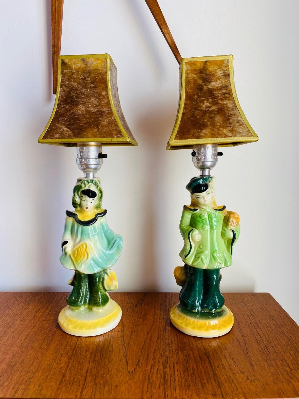  Vintage Mid Century Chinoiserie Figural Girl and Boy Lamps with Capiz Shades 5