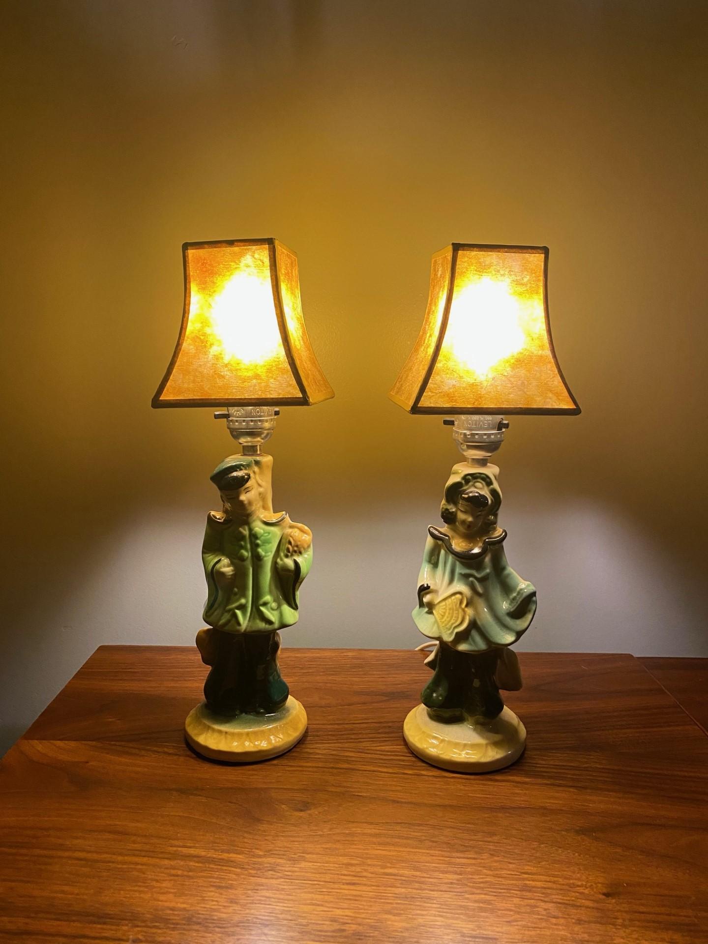  Vintage Mid Century Chinoiserie Figural Girl and Boy Lamps with Capiz Shades 6