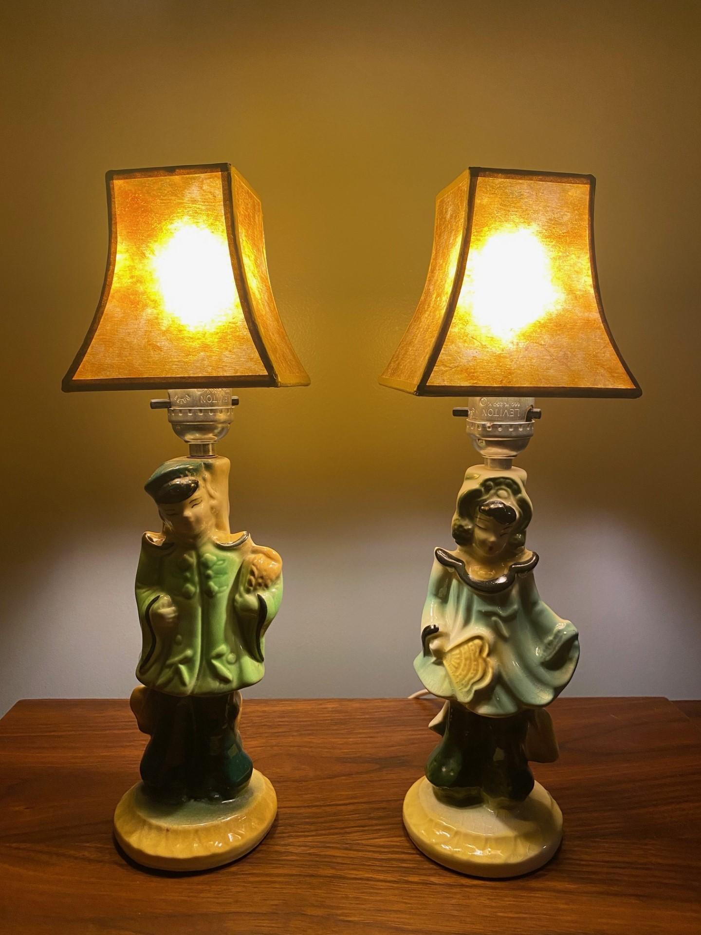  Vintage Mid Century Chinoiserie Figural Girl and Boy Lamps with Capiz Shades 7