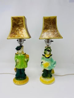 Vintage Mid Century Chinoiserie Figural Girl and Boy Lamps with Capiz Shades