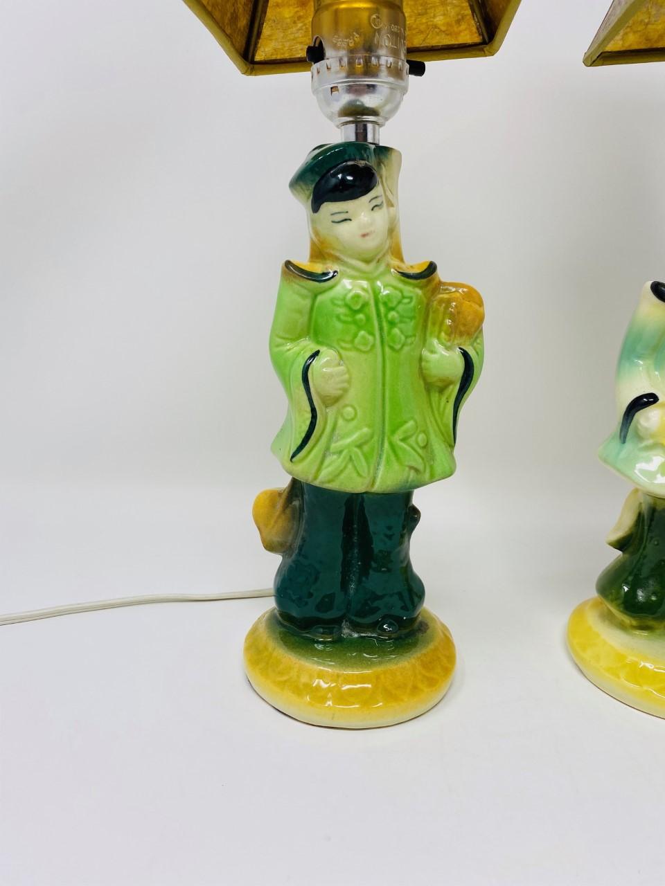 American  Vintage Mid Century Chinoiserie Figural Girl and Boy Lamps with Capiz Shades