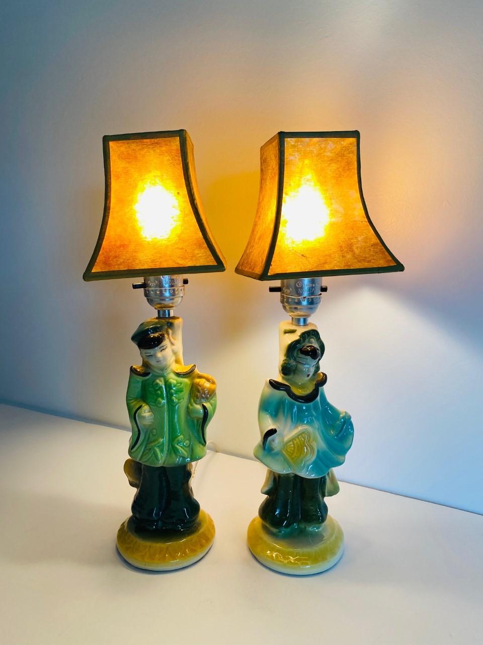 Hand-Crafted  Vintage Mid Century Chinoiserie Figural Girl and Boy Lamps with Capiz Shades
