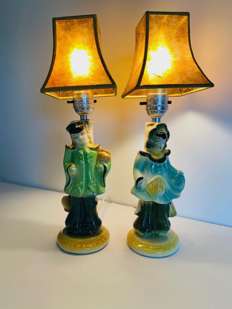  Vintage Mid Century Chinoiserie Figural Girl and Boy Lamps with Capiz Shades In Good Condition In San Diego, CA