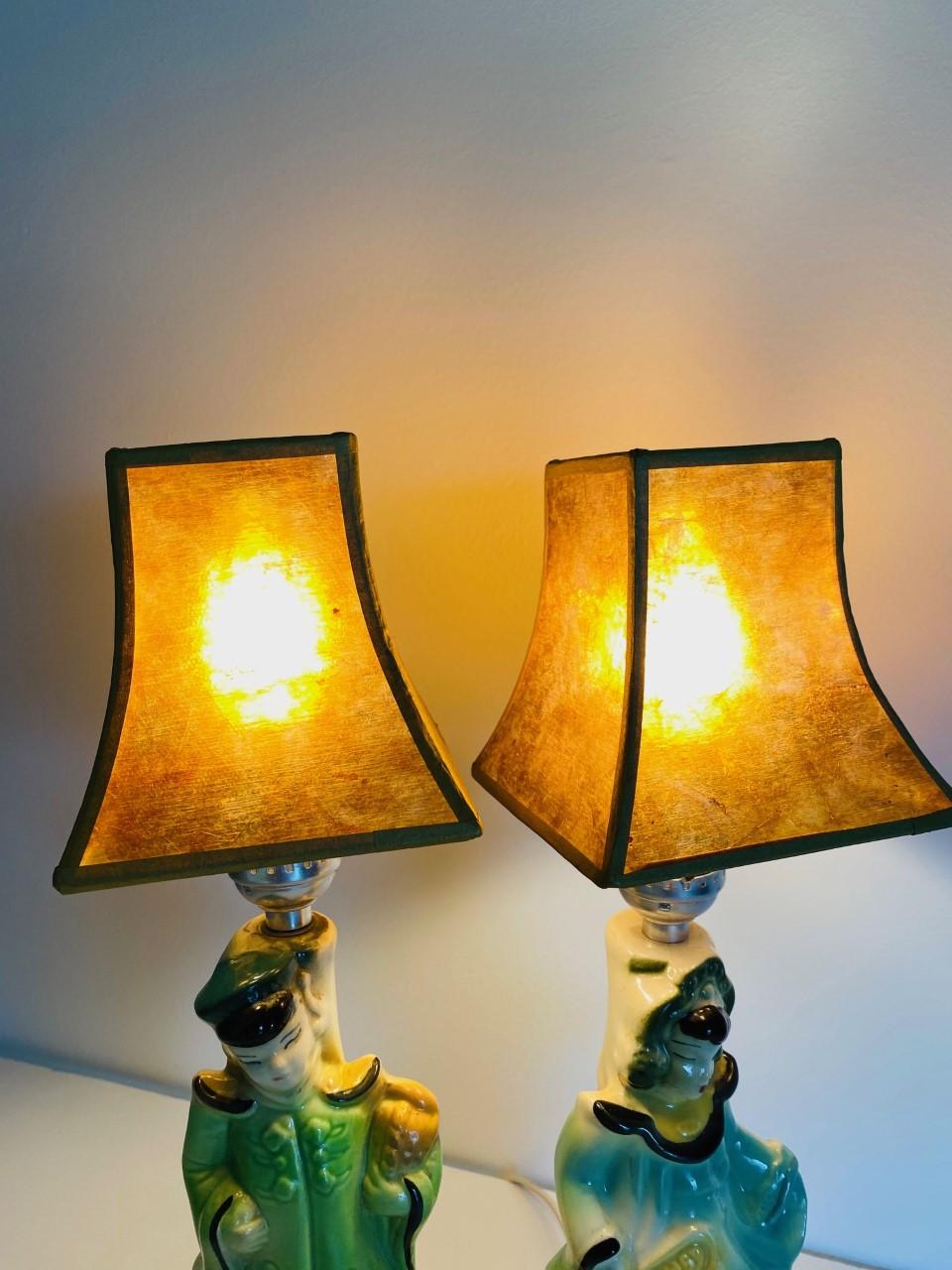 Mid-20th Century Vintage Mid Century Chinoiserie Figural Girl and Boy Lamps with Capiz Shades