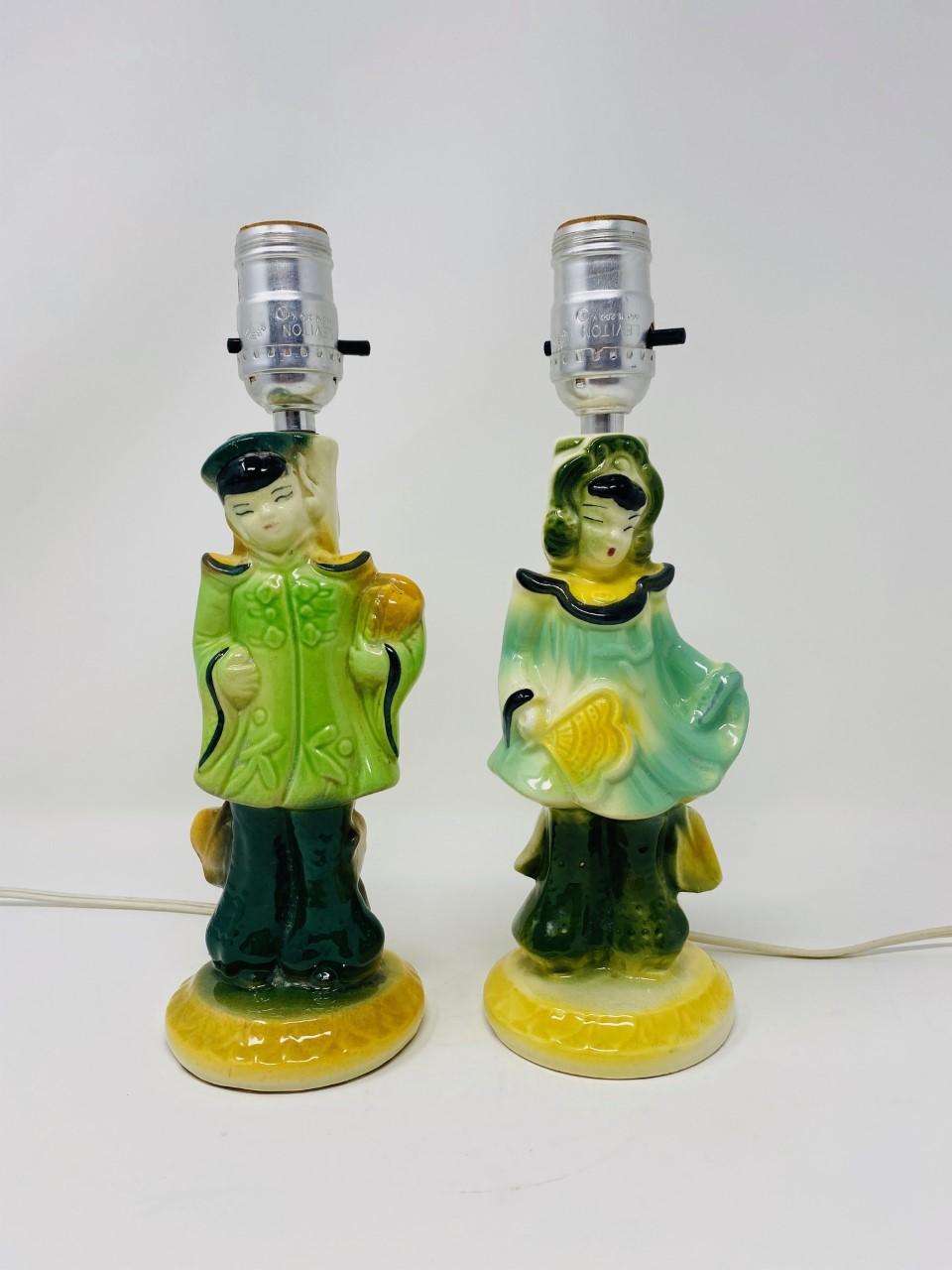Ceramic  Vintage Mid Century Chinoiserie Figural Girl and Boy Lamps with Capiz Shades