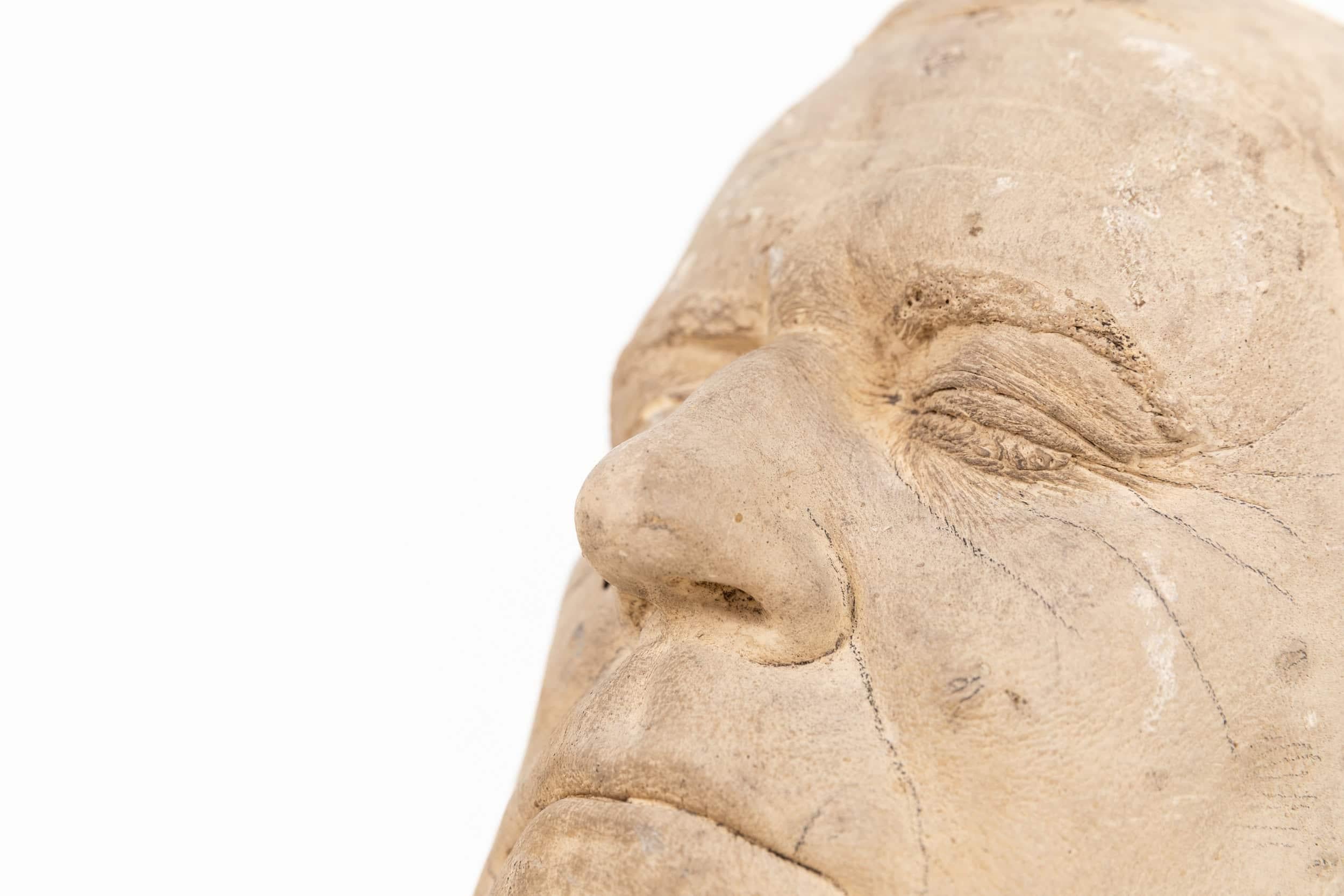 A life size plaster casting of a gentleman’s face, by Christopher Tucker. c.1980.

Christopher Tucker, was a renowned and pioneering special makeup effects artist for screen and stage who also specialized in prosthetics for various notable