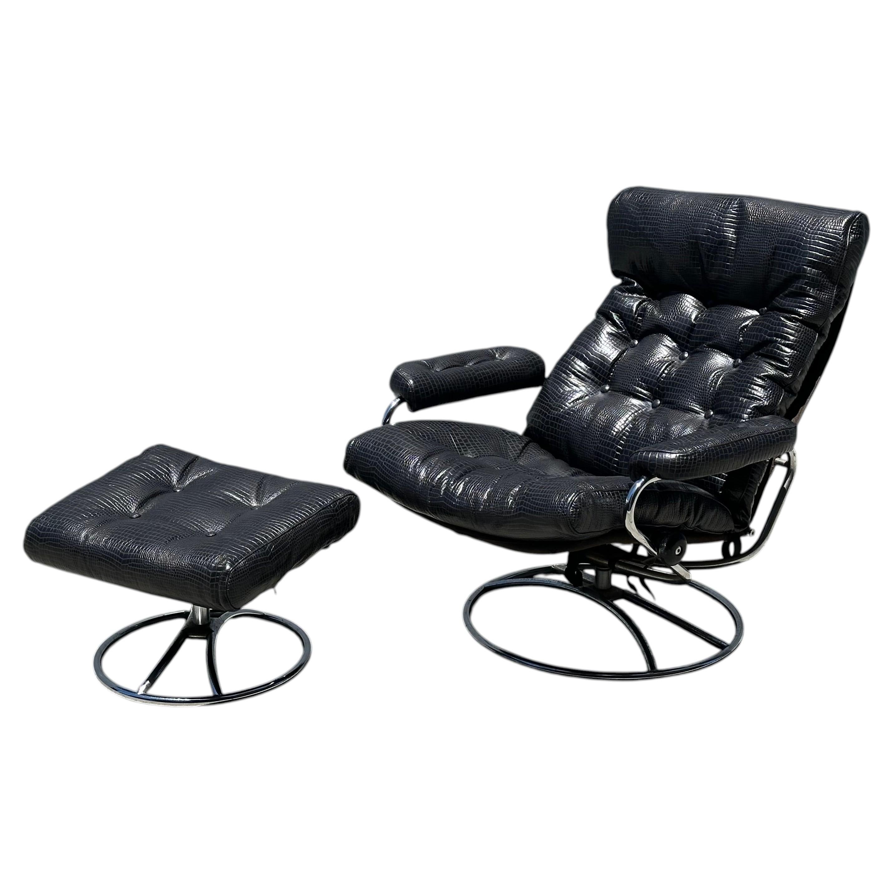 Vintage Mid-Century Chrome and Leather Recliner & Ottoman For Sale
