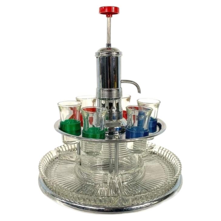 Vintage Mid Century Chrome & Glass Art Deco Dispenser With Shot Glasses For Sale