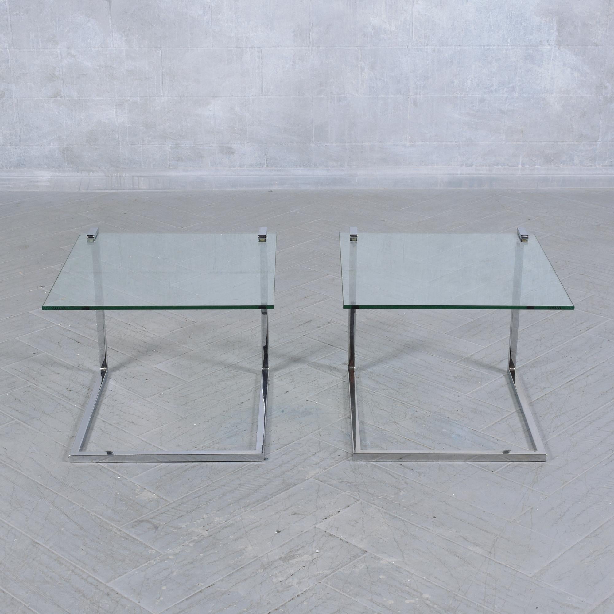 Mid-Century Modern Vintage Chrome and Glass End Tables with Unique 'C' Frame Design For Sale