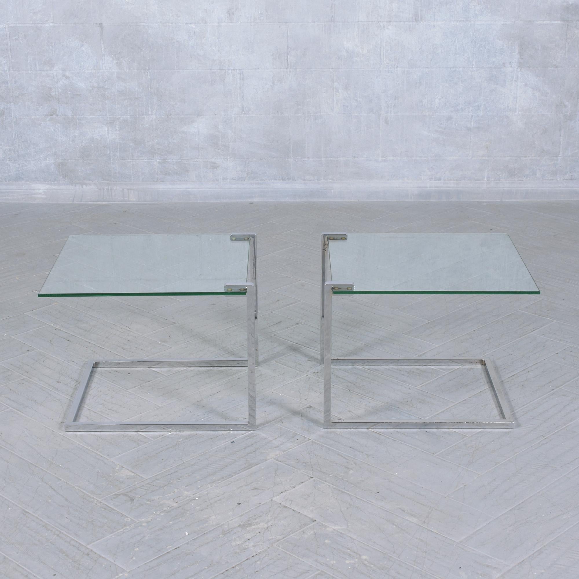 Hand-Crafted Vintage Chrome and Glass End Tables with Unique 'C' Frame Design For Sale