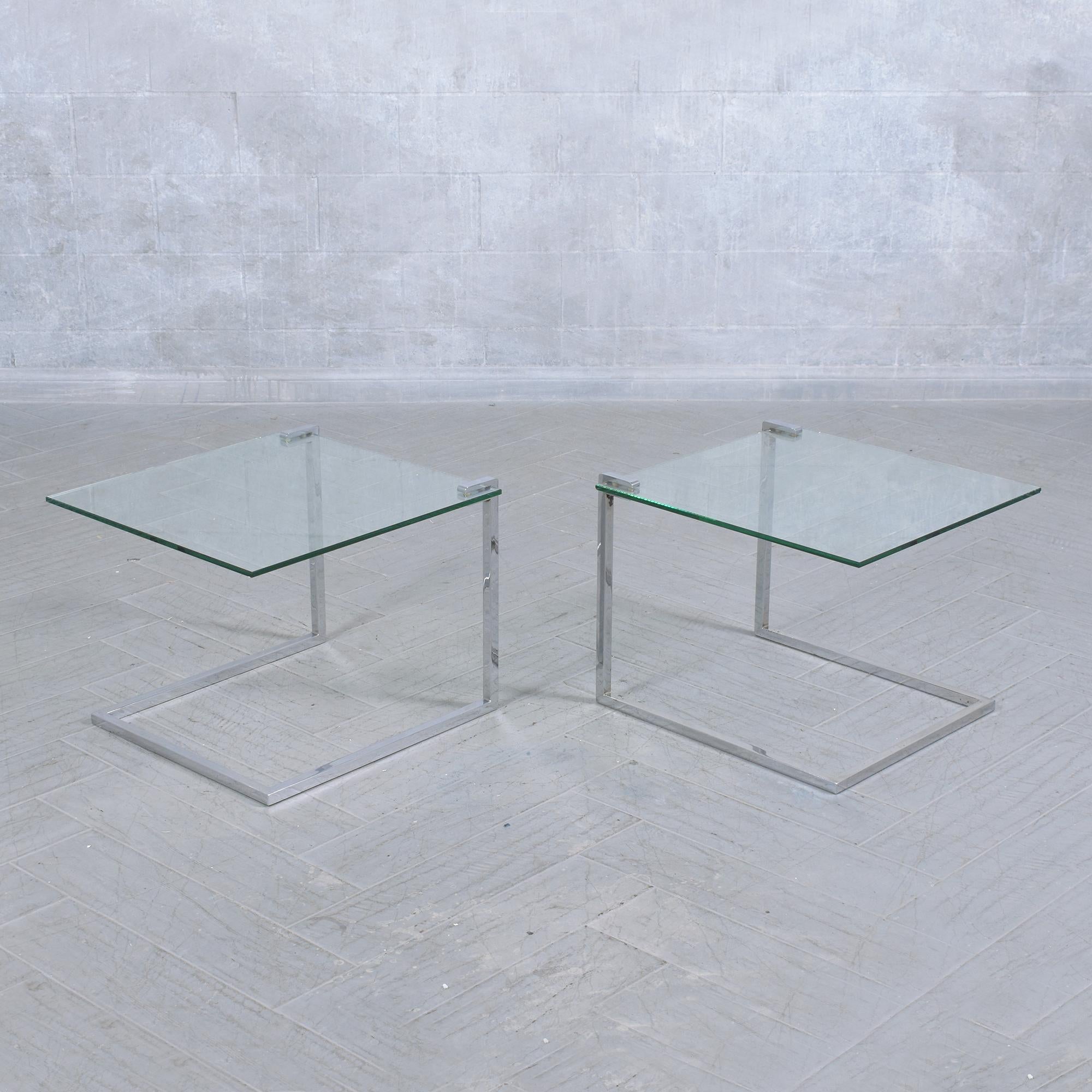 Vintage Chrome and Glass End Tables with Unique 'C' Frame Design In Good Condition For Sale In Los Angeles, CA