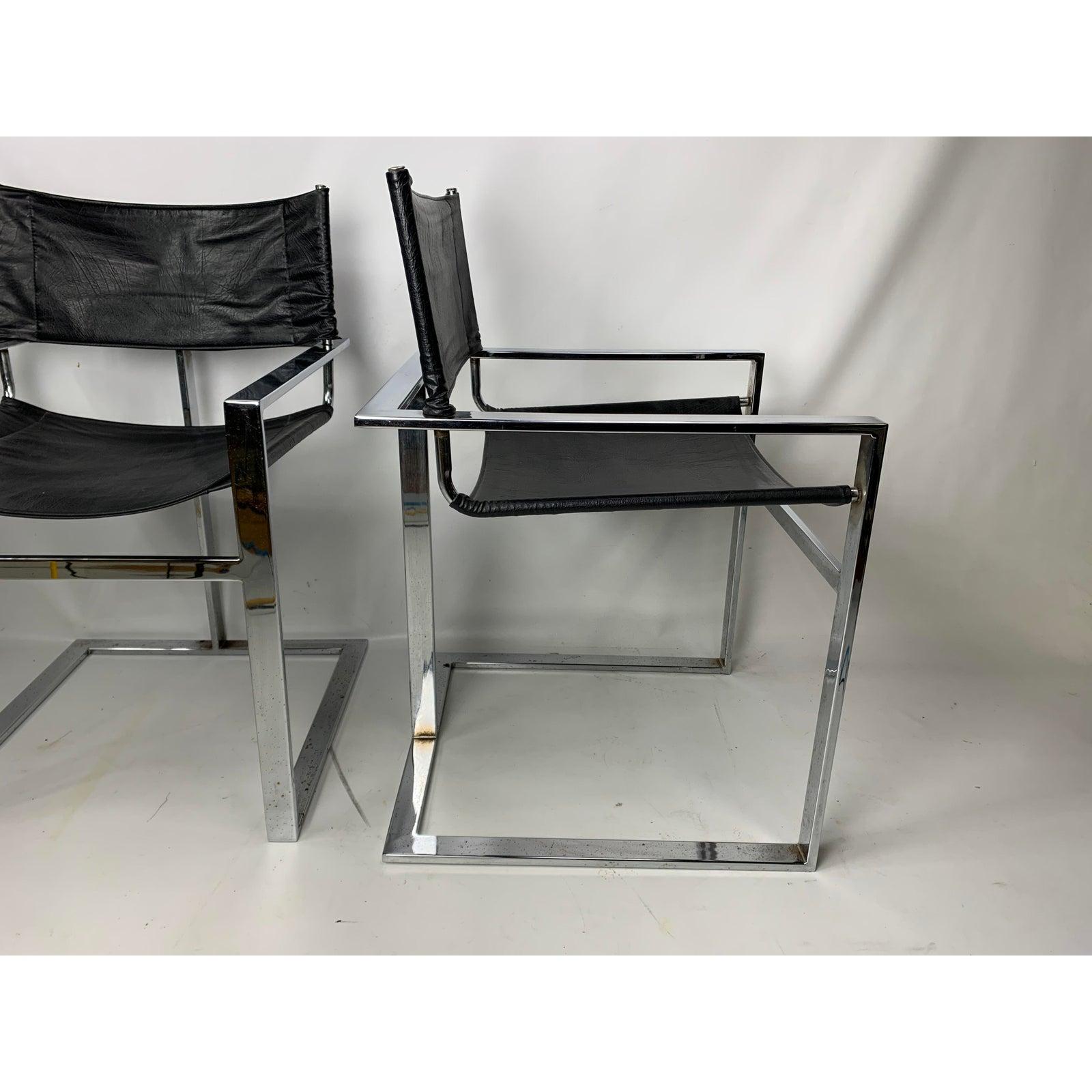 Mid-Century Modern Vintage Mid-Century Chrome & Leather Flat Bar Director Style Arm Chairs, a Pair