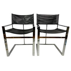 Vintage Mid-Century Chrome & Leather Flat Bar Director Style Arm Chairs, a Pair