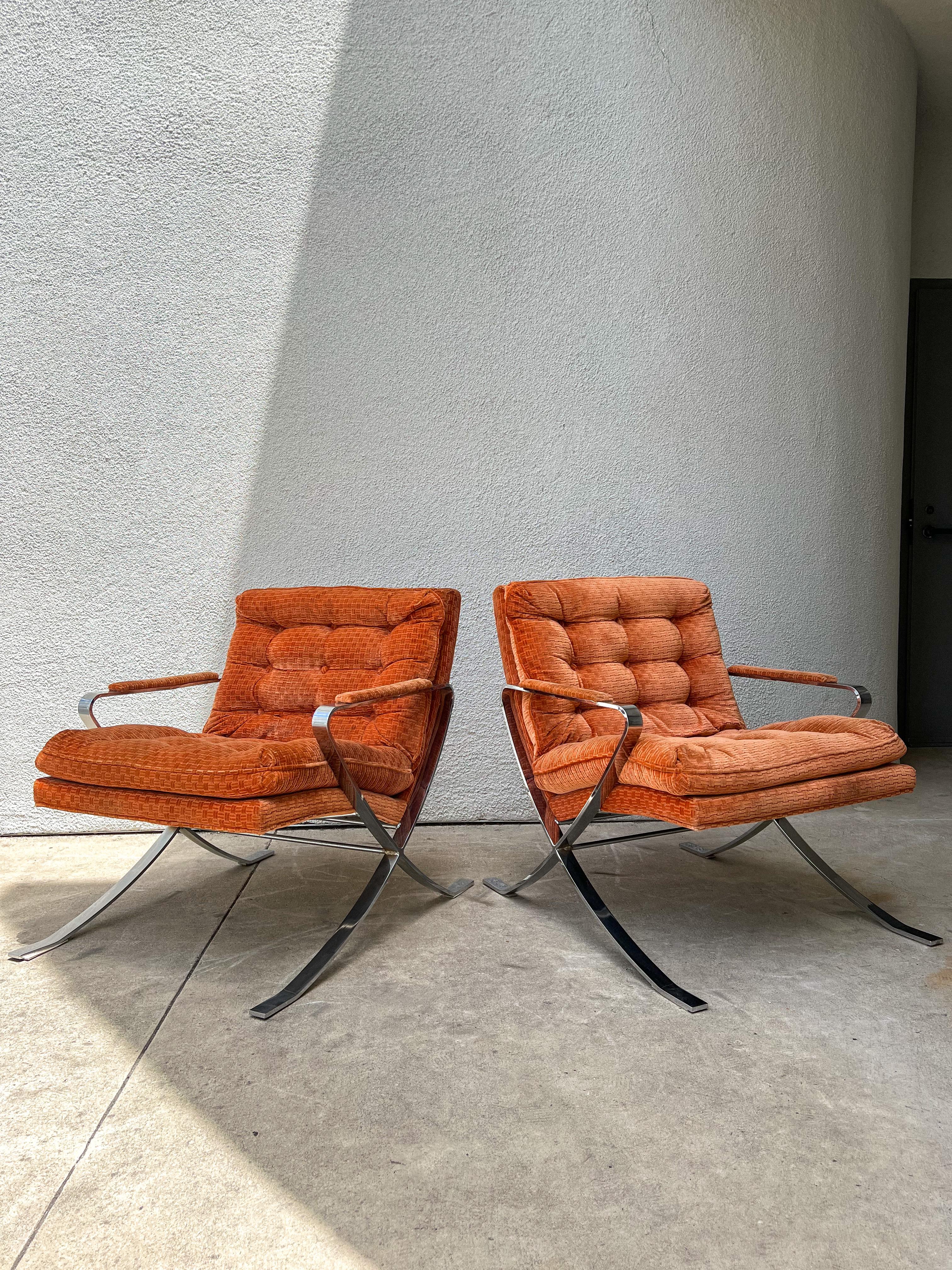 Vintage Mid Century Chrome Lounge Chairs in the Style of Milo Baughman In Good Condition In La Mesa, CA
