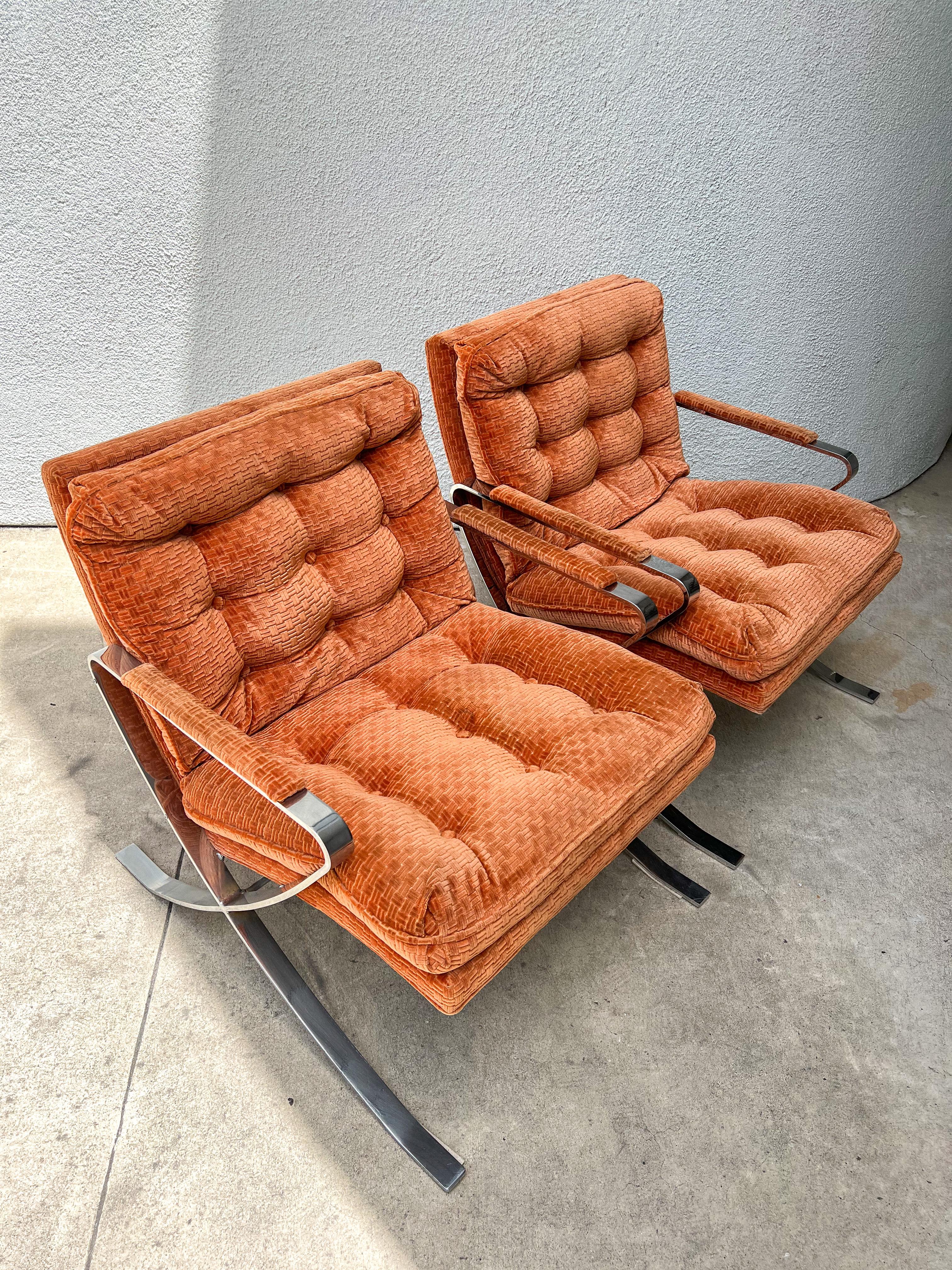 Velvet Vintage Mid Century Chrome Lounge Chairs in the Style of Milo Baughman