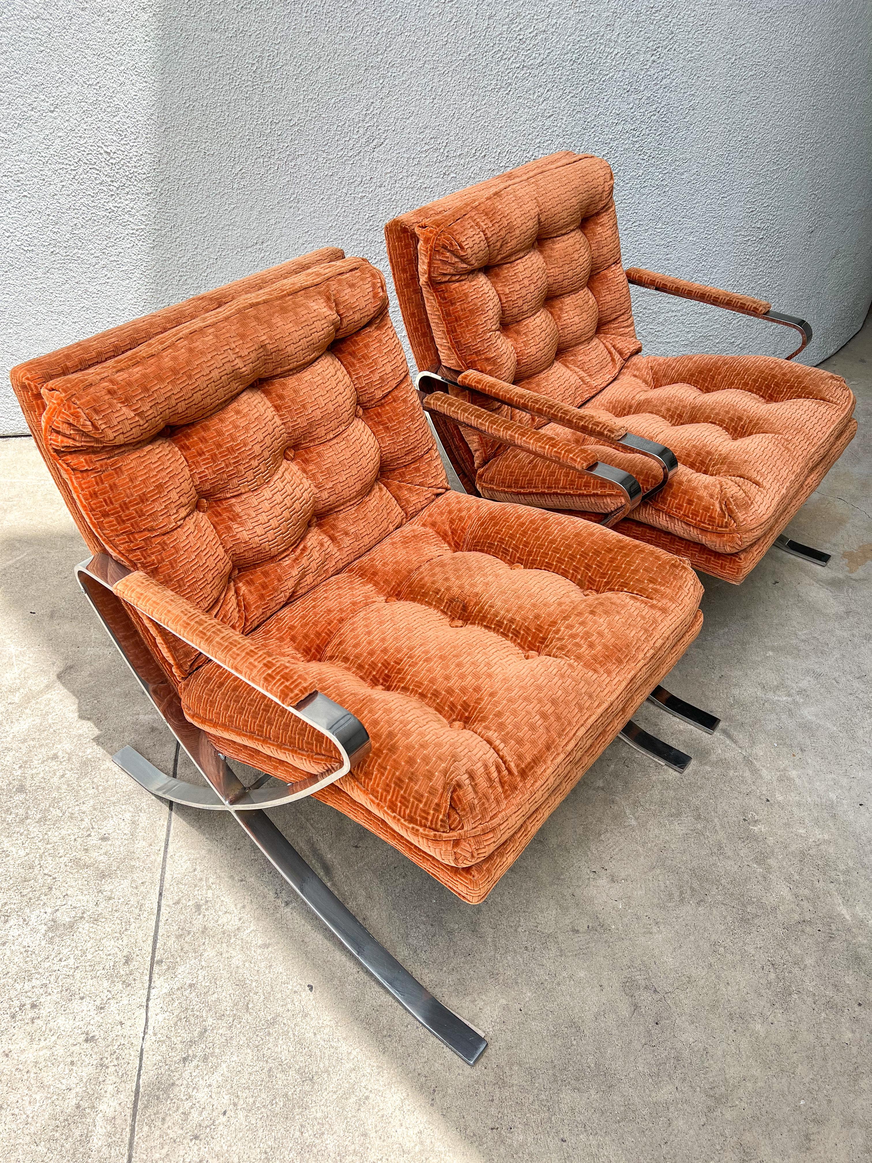 Vintage Mid Century Chrome Lounge Chairs in the Style of Milo Baughman 1