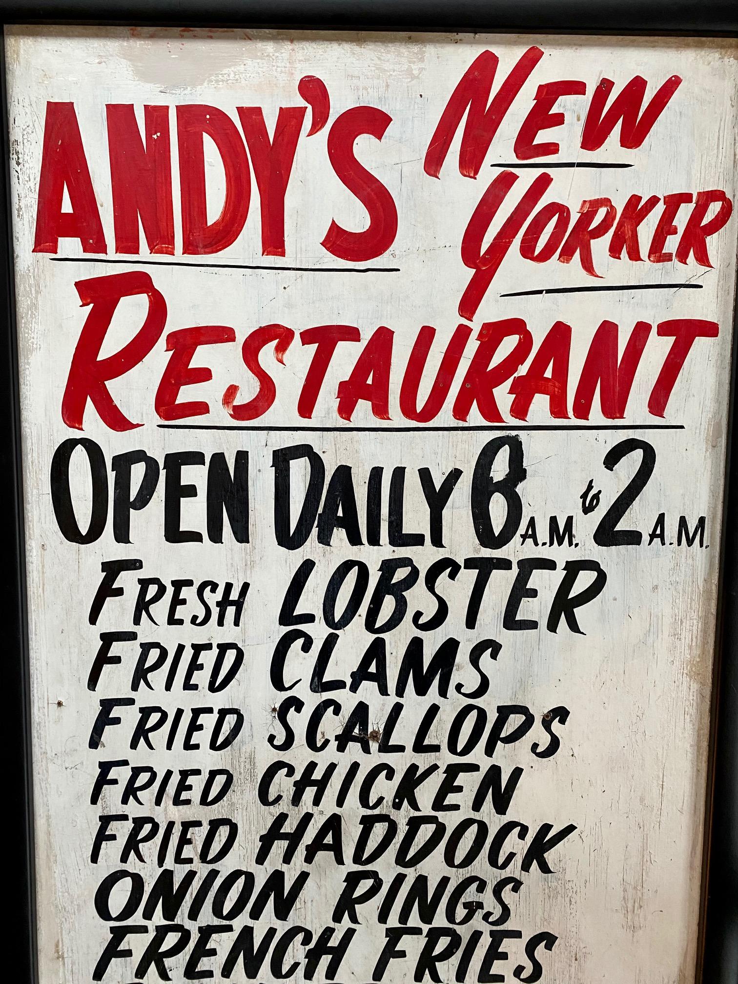 Vintage midcentury clam shack menu board, circa 1940s, a hand painted on Masonite panel sign from 