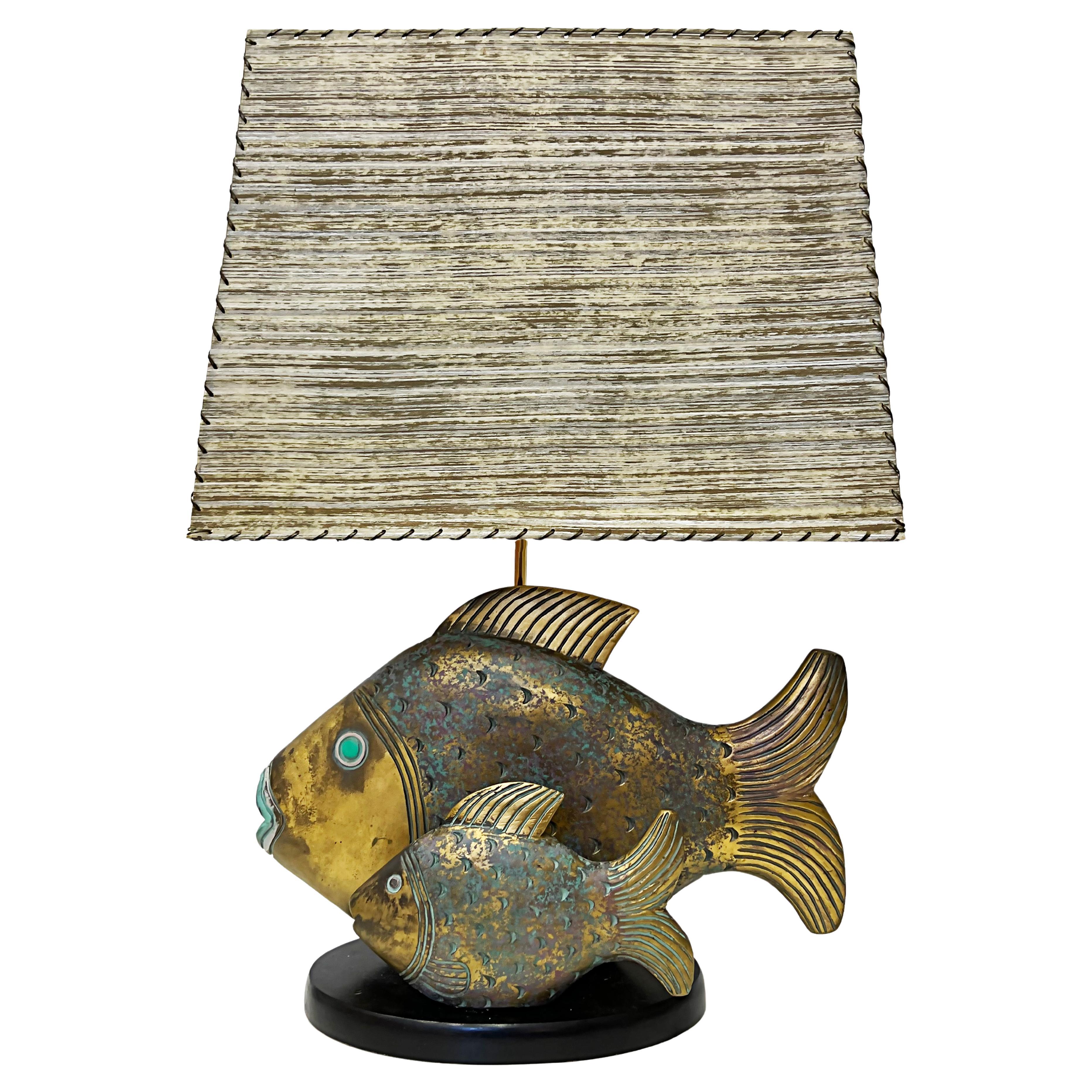 Large Midcentury Pottery Gold Tone Chain Lamps with Shade For Sale at