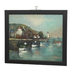 Vintage Mid-Century Coastal Harbor Painting with Lighthouse and Fishing Boats.