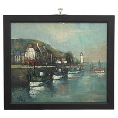 Vintage Mid-Century Coastal Harbor Painting with Lighthouse and Fishing Boats.