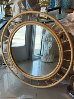 Vintage Mid Century Coastal Palm Beach Round Circular Rattan Wall MIrror
