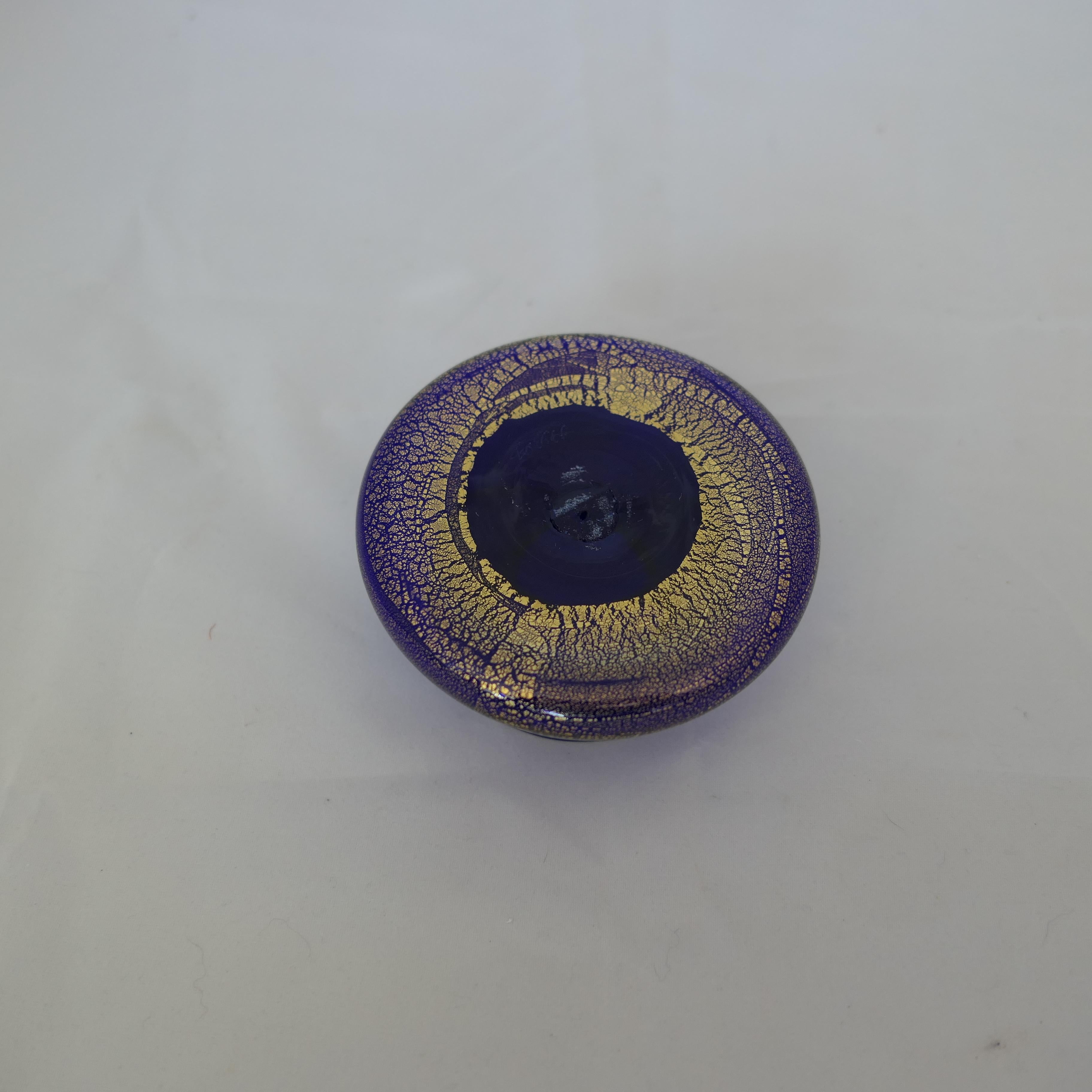 Art Glass  Vintage Mid Century Cobalt and Gold Leaf Dish, signed  For Sale