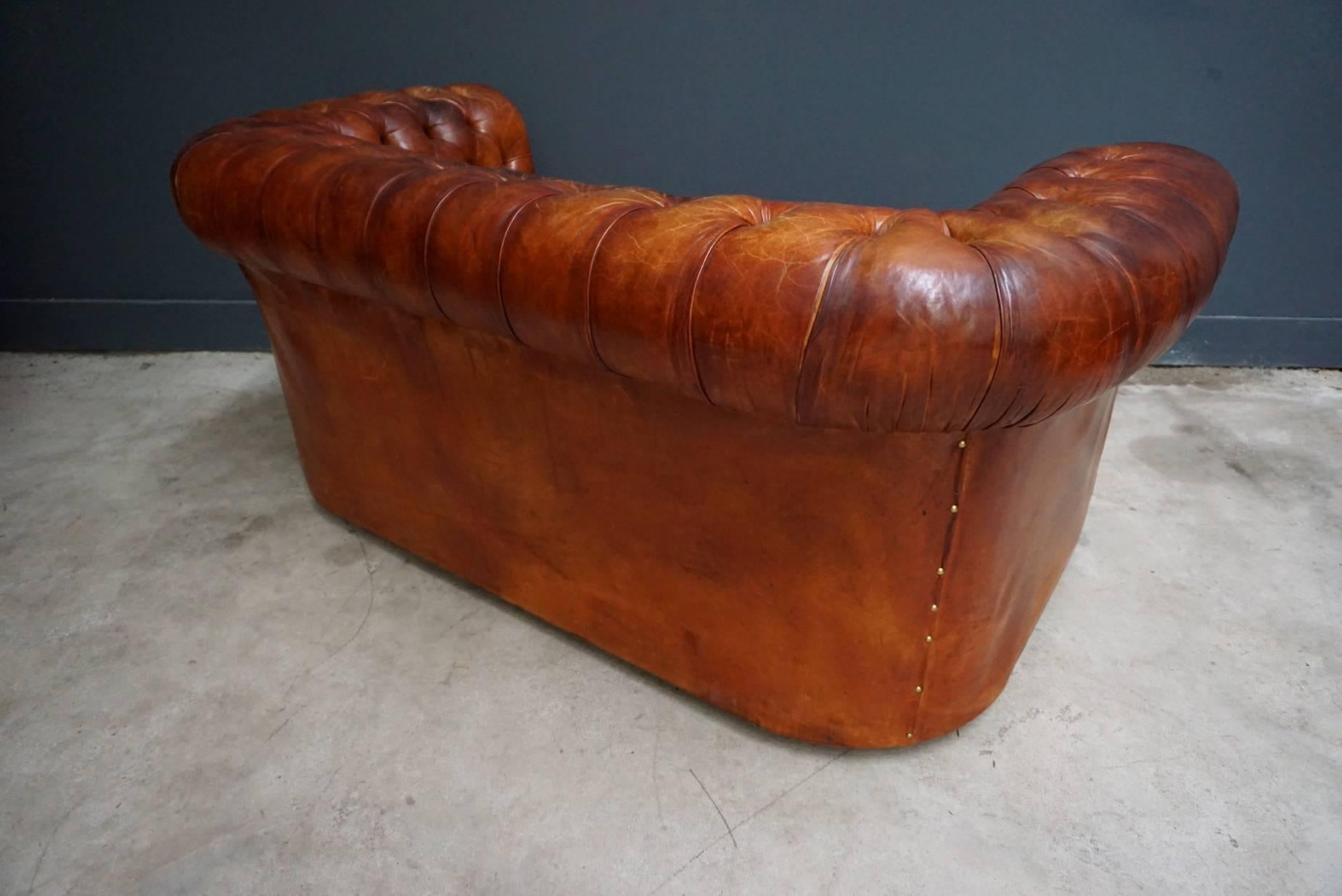 Vintage Midcentury Cognac Leather Two-Seat Chesterfield Sofa 4