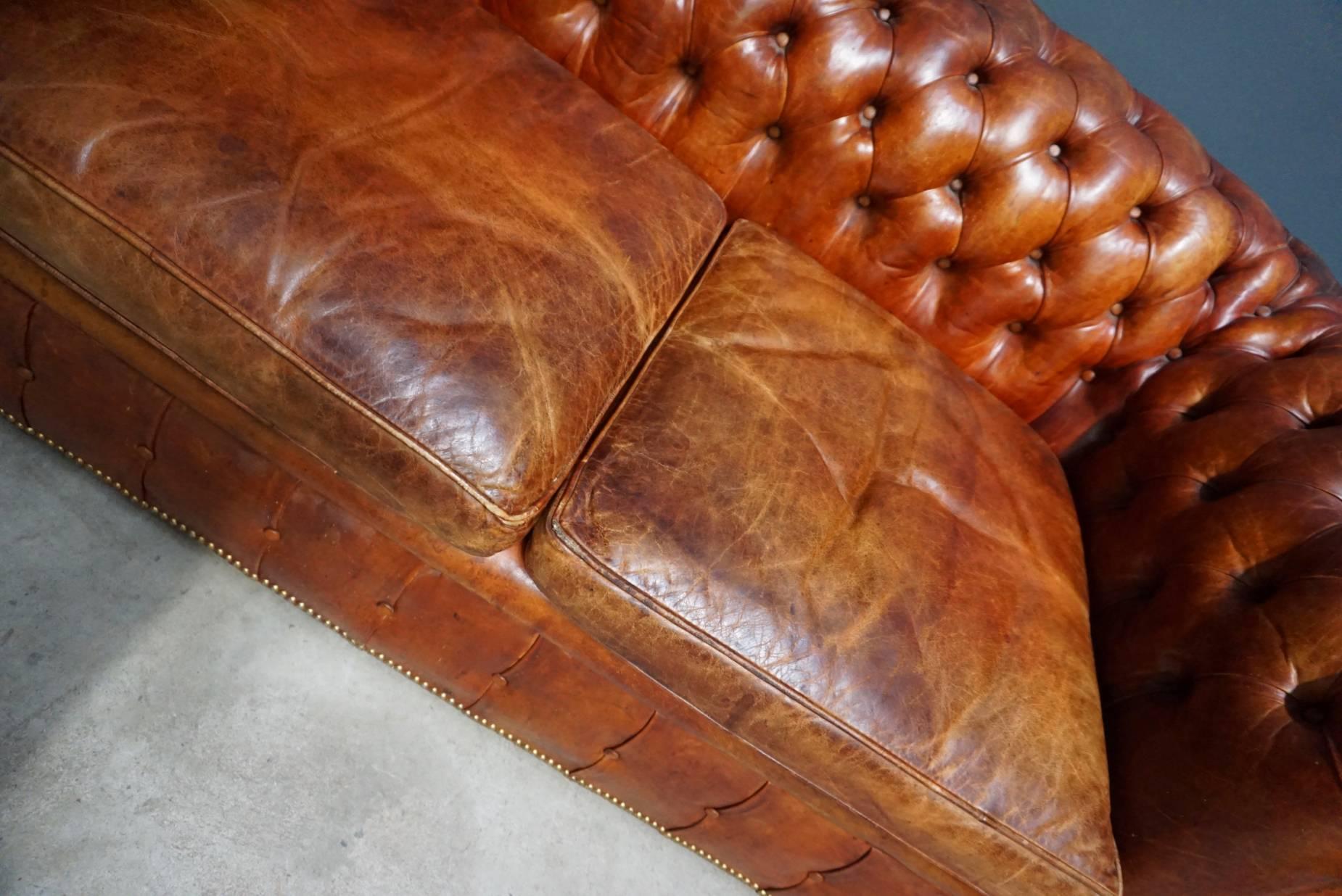 British Vintage Midcentury Cognac Leather Two-Seat Chesterfield Sofa