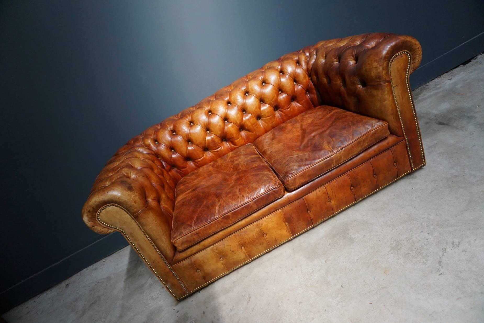 Industrial Vintage Midcentury Cognac Leather Two-Seat Chesterfield Sofa