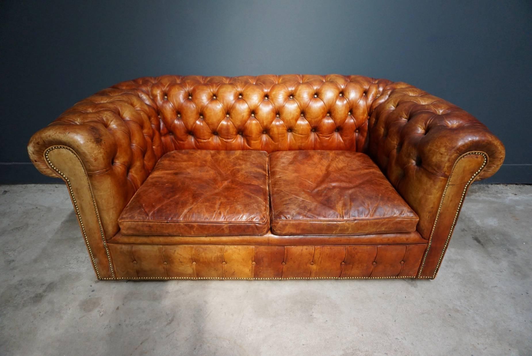 British Vintage Midcentury Cognac Leather Two-Seat Chesterfield Sofa