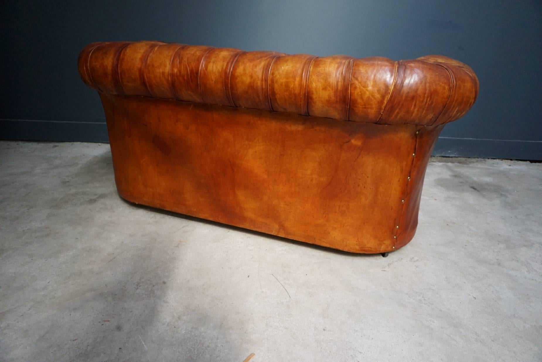 Vintage Midcentury Cognac Leather Two-Seat Chesterfield Sofa In Good Condition In Nijmegen, NL