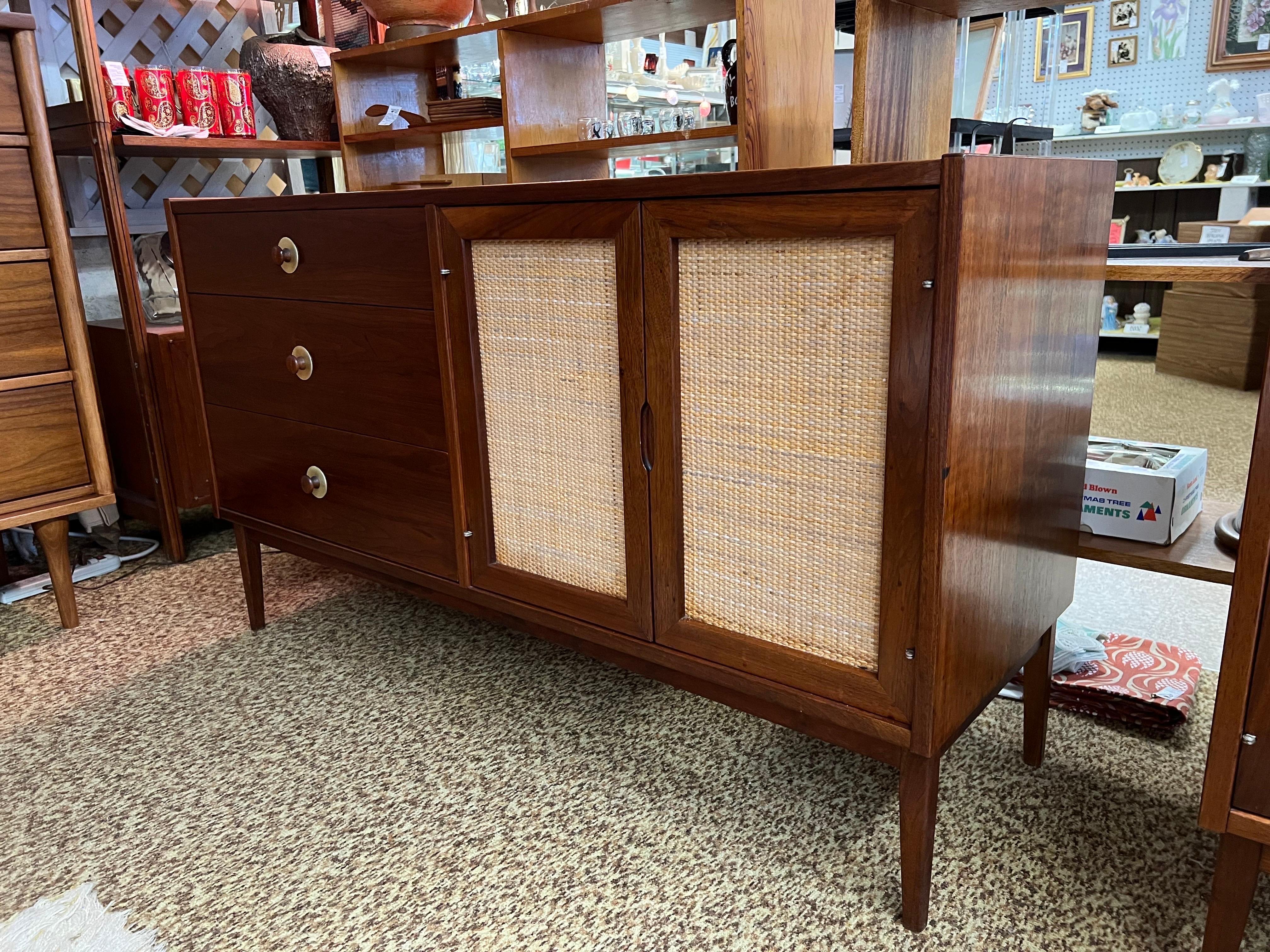 Mid-Century Modern Vintage Mid Century Credenza or Buffet with Caning and Dovetailed Drawers For Sale